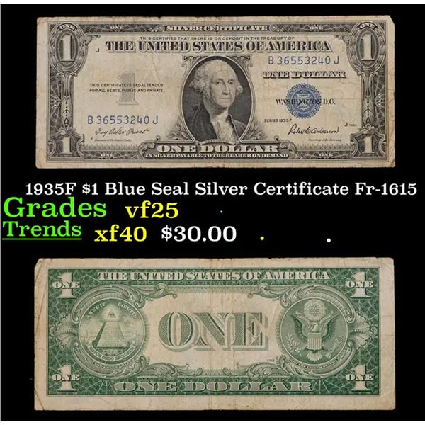 1935F $1 Blue Seal Silver Certificate Fr-1615 Grades vf+
