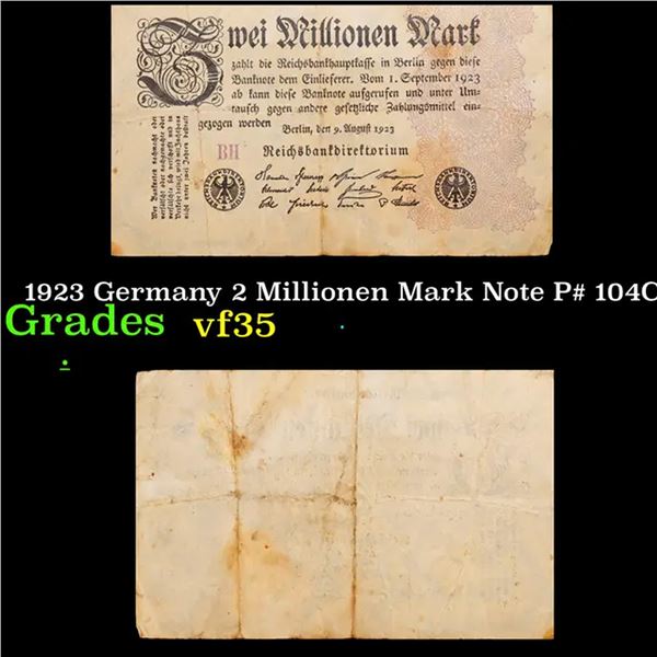 1923 Germany 2 Millionen Mark Note P# 104C Grades vf++
