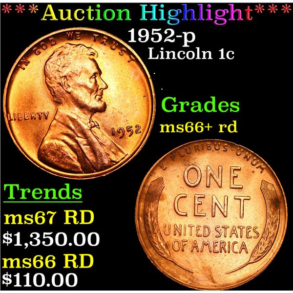 ***Auction Highlight*** 1952-p Lincoln Cent 1c Graded GEM++ RD BY USCG (fc)