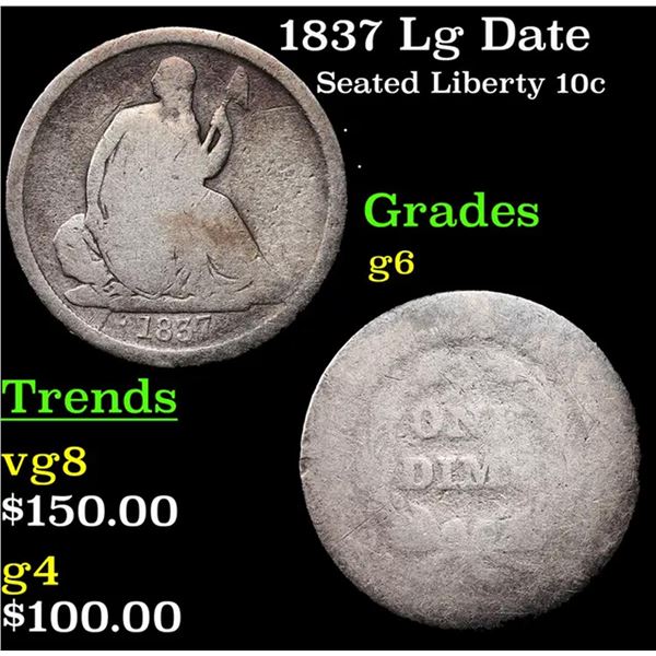 1837 Lg Date Seated Liberty Dime 10c Grades g+