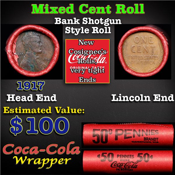 Mixed small cents 1c orig shotgun roll, 1917-p Lincoln Cent, Wheat Cent other end, Coca-Cola Brandt 