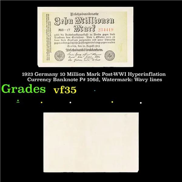 1923 Germany 10 Million Mark Post-WWI Hyperinflation Currency Banknote P# 106d, Watermark: Wavy line