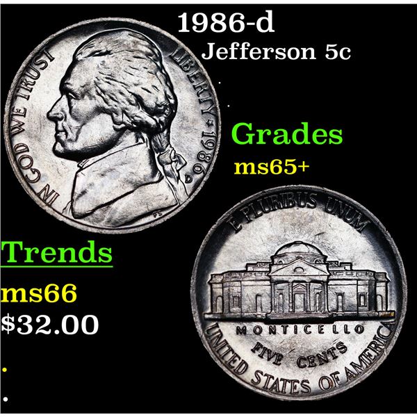 1986-d Jefferson Nickel 5c Grades GEM+ Unc