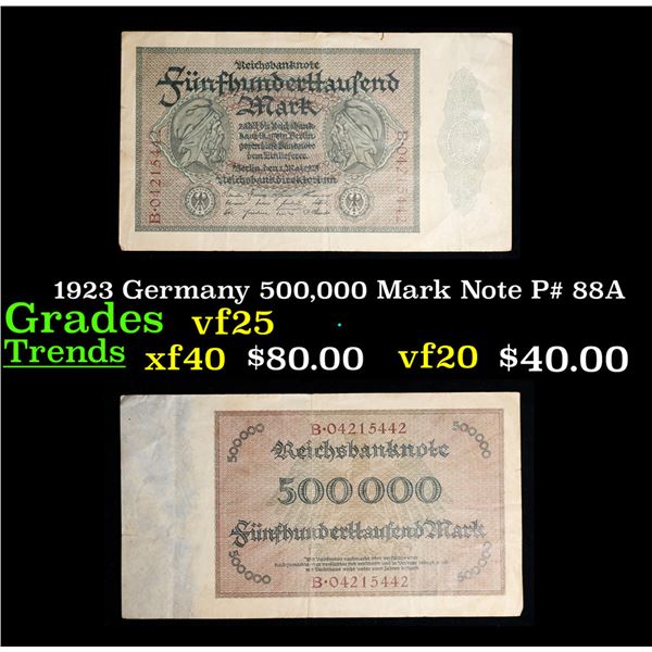 1923 Germany 500,000 Mark Note P# 88A Grades vf+