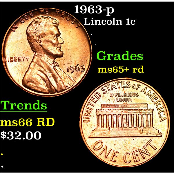 1963-p Lincoln Cent 1c Grades Gem+ Unc RD