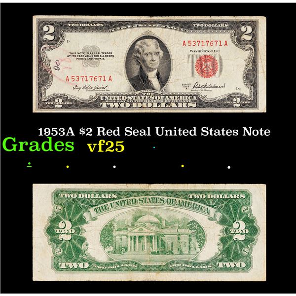 1953A $2 Red Seal United States Note Grades vf+
