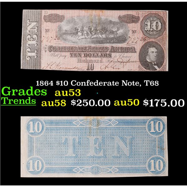 1864 $10 Confederate Note, T68 Grades Select AU