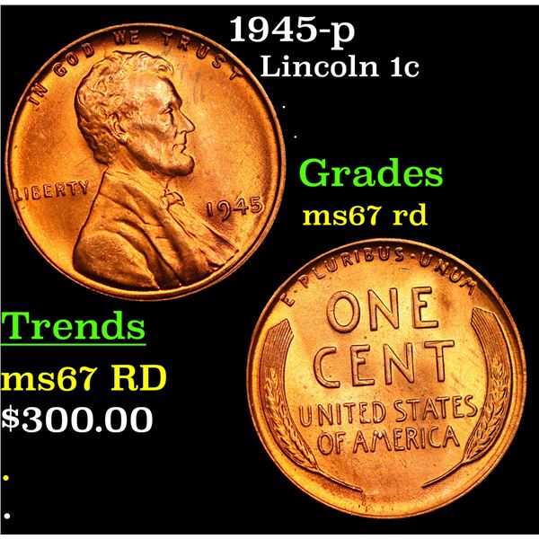 1945-p Lincoln Cent 1c Grades GEM++ Unc RD