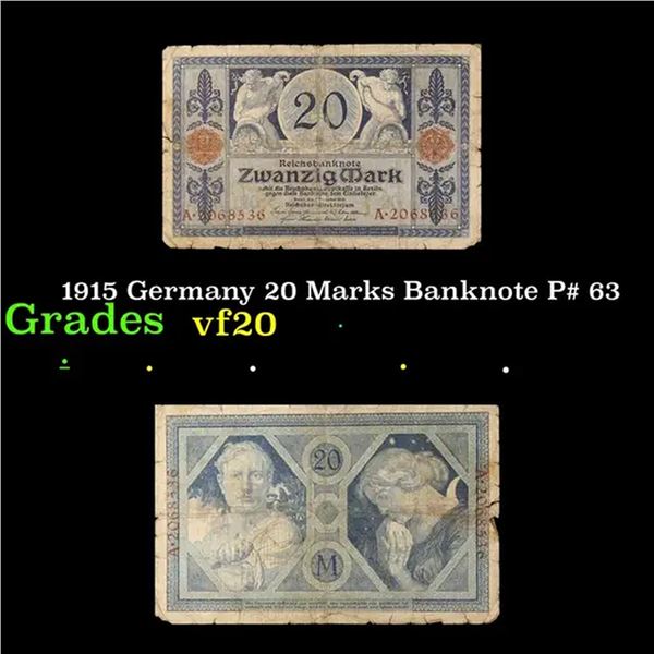 1915 Germany 20 Marks Banknote P# 63 Grades vf, very fine
