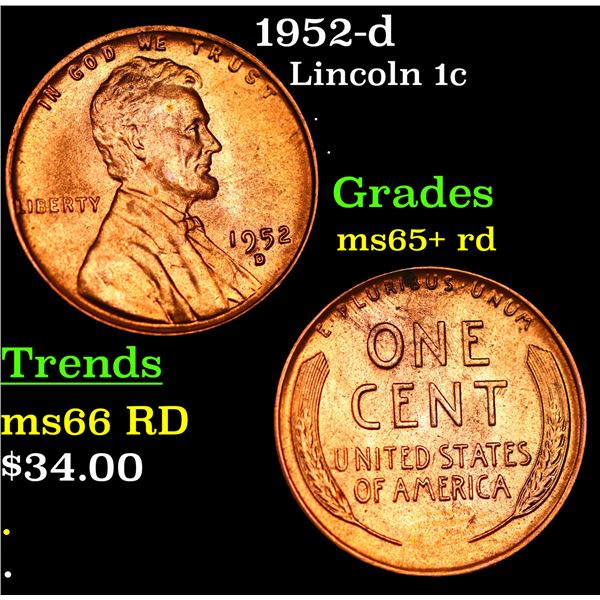 1952-d Lincoln Cent 1c Grades Gem+ Unc RD