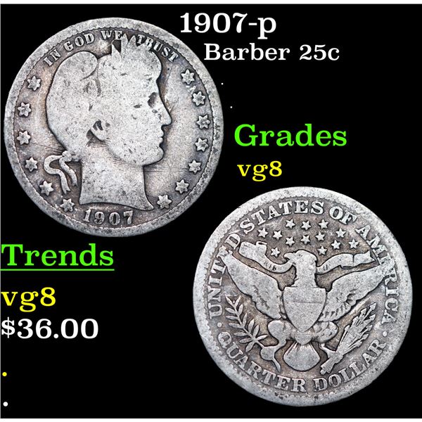 1907-p Barber Quarter 25c Grades vg, very good