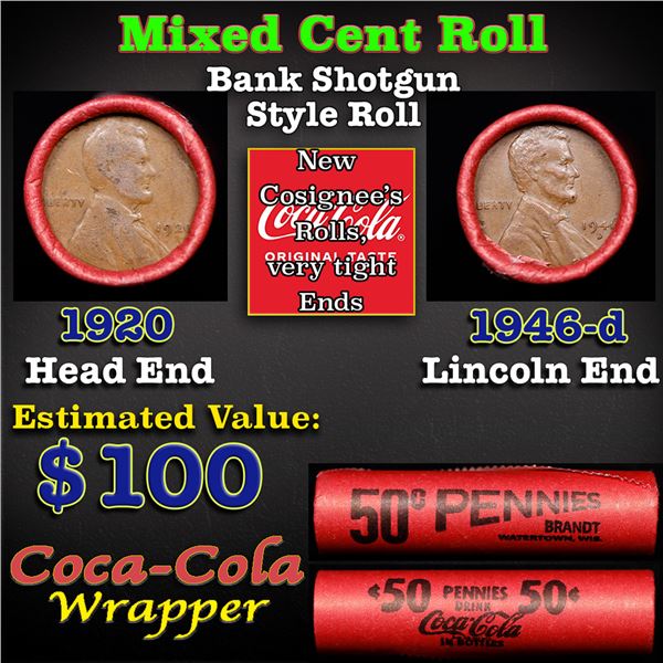 Mixed small cents 1c orig shotgun roll, 1920-p Lincoln Cent, 1946-d Lincoln Cent other end, Coca-Col