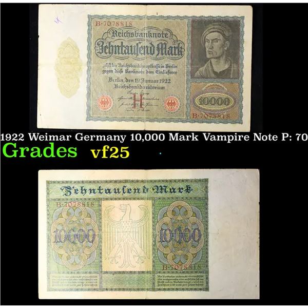 1922 Weimar Germany 10,000 Mark Vampire Note P: 70 Grades vf+