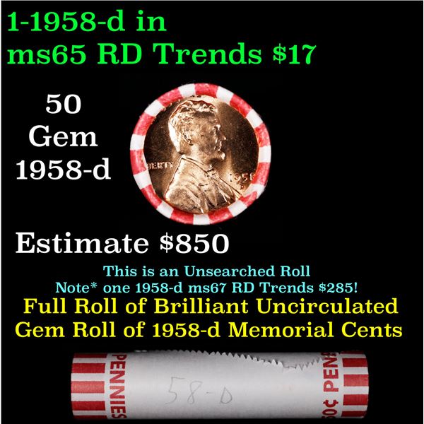 Shotgun Lincoln 1c roll, 1958-d 50 pcs Brandt 50c Wrapper.