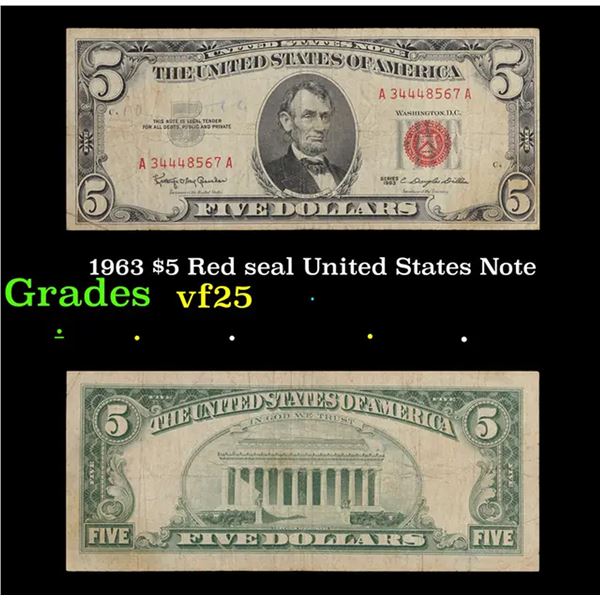 1963 $5 Red seal United States Note Grades vf+