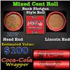 Image 1 : Mixed small cents 1c orig shotgun roll, 1917-p Lincoln Cent, Wheat Cent other end, Coca-Cola Brandt 