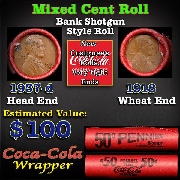 Mixed small cents 1c orig shotgun roll, 1918-p Lincoln Cent, 1937-d Lincoln Cent other end, Coca-Col