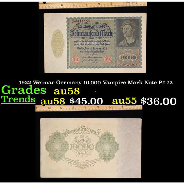 1922 Weimar Germany 10,000 Vampire Mark Note P# 72 Grades Choice AU/BU Slider
