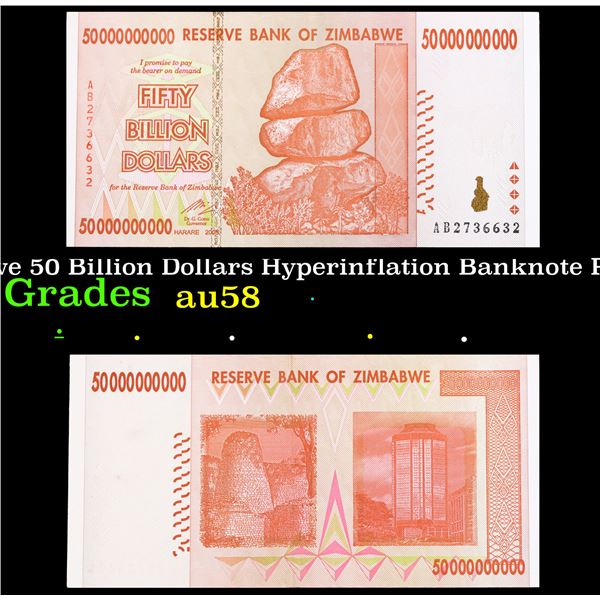 2007-2008 Zimbabwe 50 Billion Dollars Hyperinflation Banknote P# 87, 3rd dollar ZWR Grades Choice AU