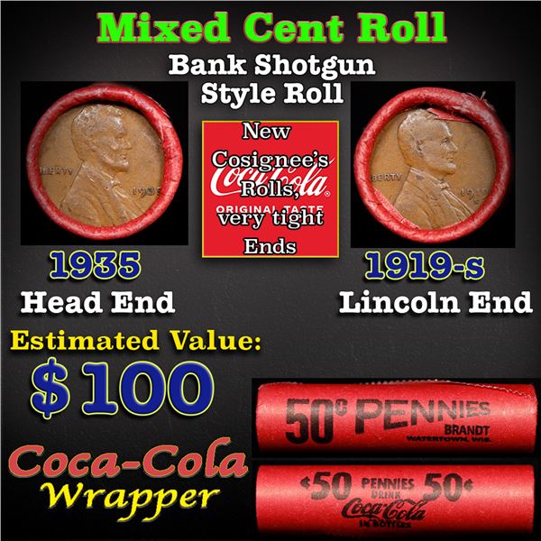 Mixed small cents 1c orig shotgun roll, 1919-s Lincoln Cent, 1935 Lincoln Cent other end, Coca-Cola 
