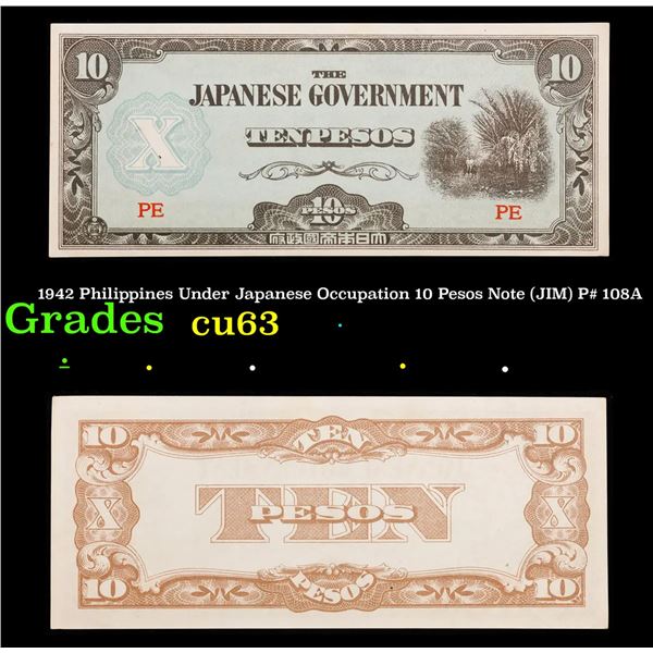 1942 Philippines Under Japanese Occupation 10 Pesos Note (JIM) P# 108A Grades Select CU