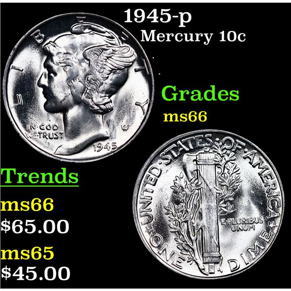 1945-p Mercury Dime 10c Grades GEM+ Unc
