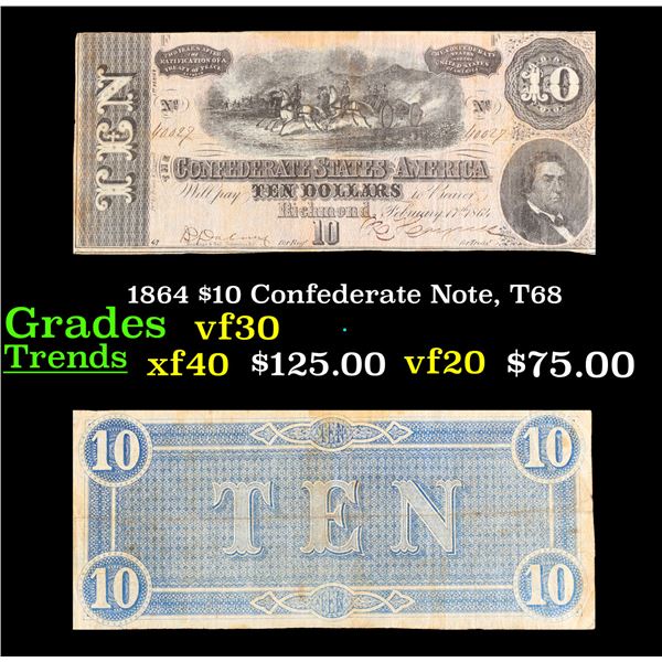 1864 $10 Confederate Note, T68 Grades vf++