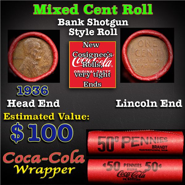 Mixed small cents 1c orig shotgun roll, 1930-p Lincoln Cent, Wheat Cent other end, Coca-Cola Brandt 
