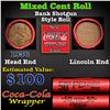 Image 1 : Mixed small cents 1c orig shotgun roll, 1930-p Lincoln Cent, Wheat Cent other end, Coca-Cola Brandt 