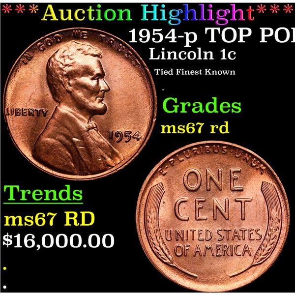 **Auction Highlight*** 1954-p Lincoln Cent TOP POP! 1c Graded GEM++ Unc RD By USCG (fc)