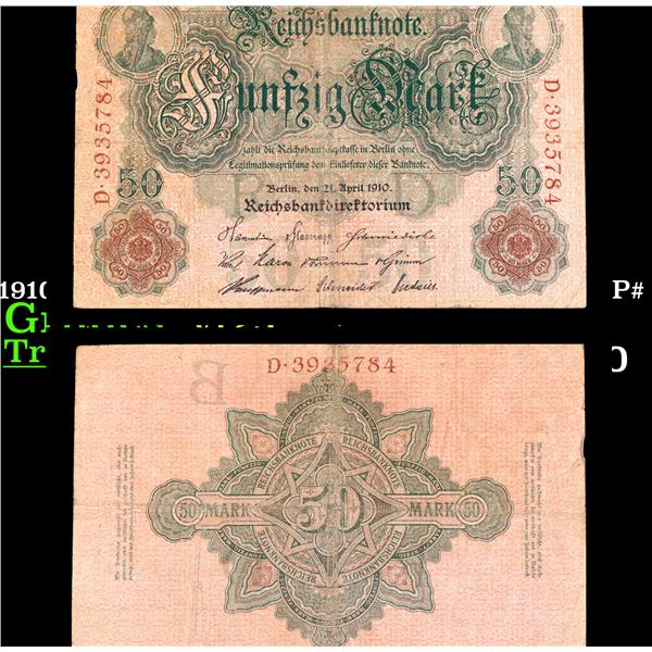 1910 Germany (Empire) 50 Marks Banknote P# 41 Grades vf+