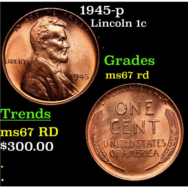 1945-p Lincoln Cent 1c Grades GEM++ Unc RD