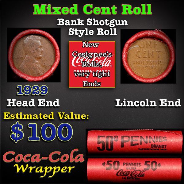 Mixed small cents 1c orig shotgun roll, 1929-p Lincoln Cent, Wheat Cent other end, Coca-Cola Brandt 