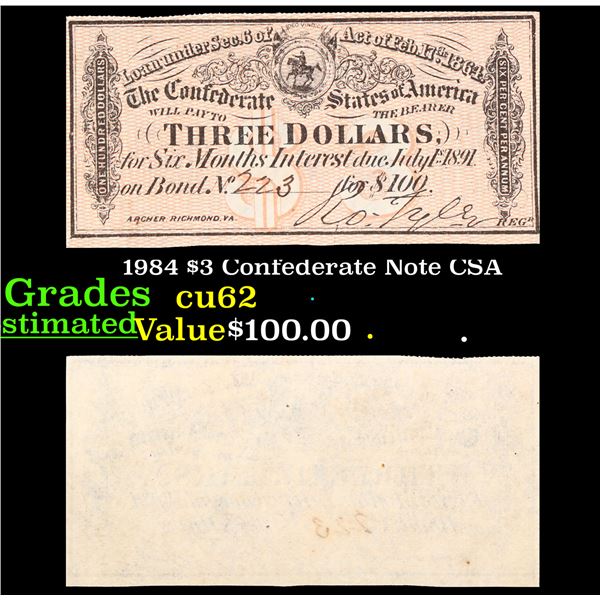 1984 $3 Confederate Note CSA Grades Select CU