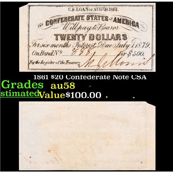 1861 $20 Confederate Note CSA Grades Choice AU/BU Slider