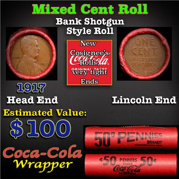 Mixed small cents 1c orig shotgun roll, 1917-p Lincoln Cent, Wheat Cent other end, Coca-Cola Brandt 