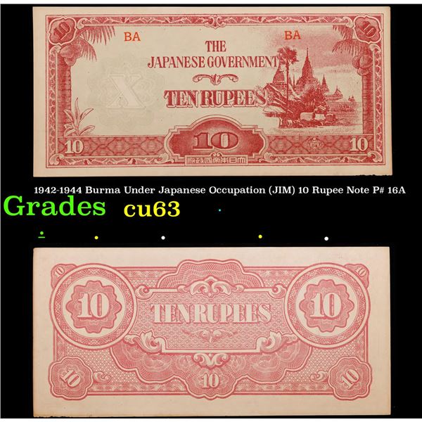 1942-1944 Burma Under Japanese Occupation (JIM) 10 Rupee Note P# 16A Grades Select CU