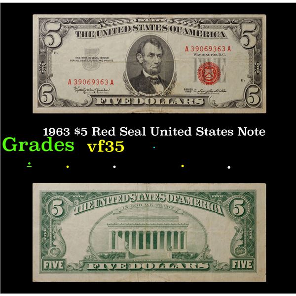 1963 $5 Red Seal United States Note Grades vf++