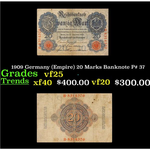 1909 Germany (Empire) 20 Marks Banknote P# 37 Grades vf+