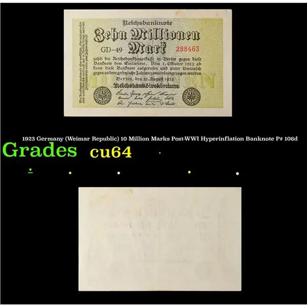 1923 Germany (Weimar Republic) 10 Million Marks Post-WWI Hyperinflation Banknote P# 106d Grades Choi