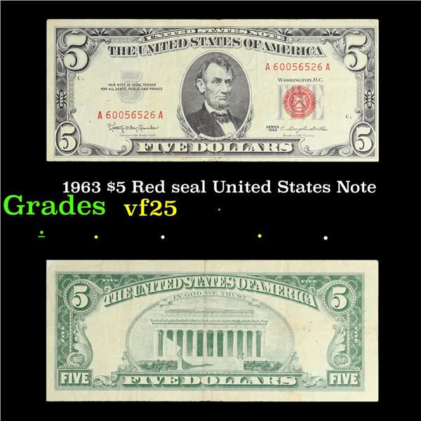 1963 $5 Red seal United States Note Grades vf+