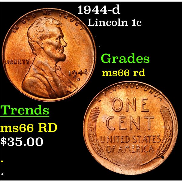 1944-d Lincoln Cent 1c Grades GEM+ Unc RD