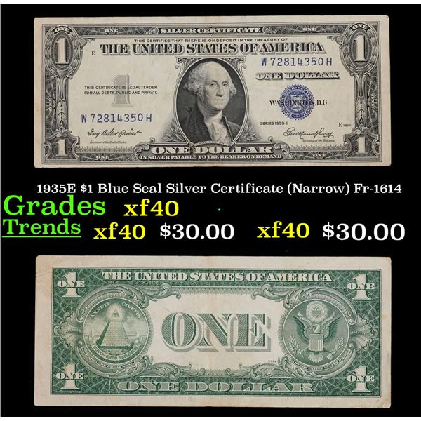 1935E $1 Blue Seal Silver Certificate (Narrow) Fr-1614 Grades xf