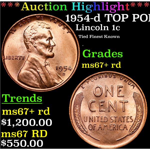 **Auction Highlight*** 1954-d Lincoln Cent TOP POP! 1c Graded GEM++ RD By USCG (fc)