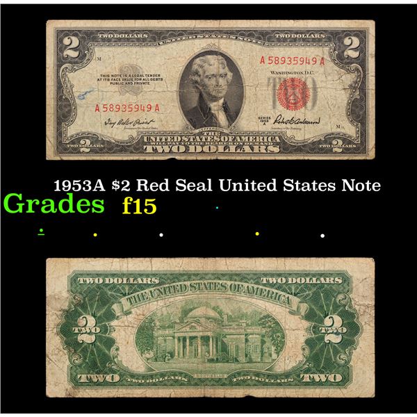 1953A $2 Red Seal United States Note Grades f+