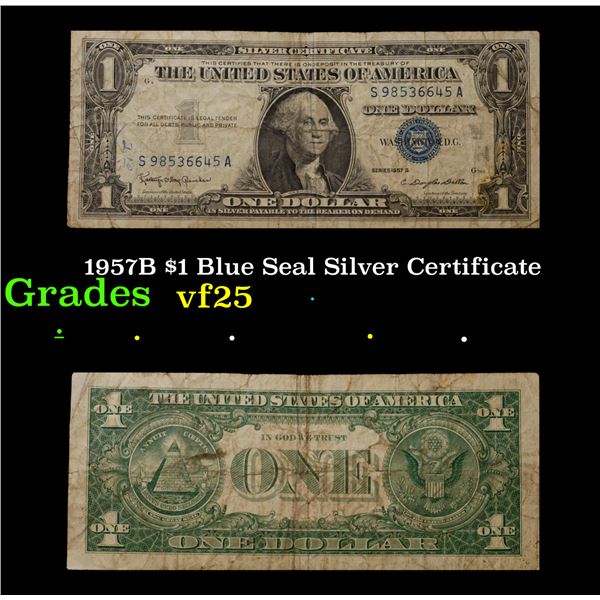 1957B $1 Blue Seal Silver Certificate Grades vf+