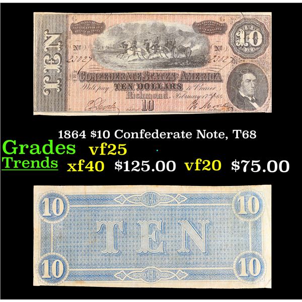 1864 $10 Confederate Note, T68 Grades vf+