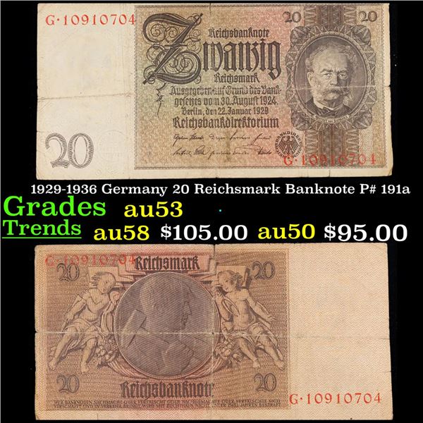 1929-1936 Germany 20 Reichsmark Banknote P# 191a Grades Select AU