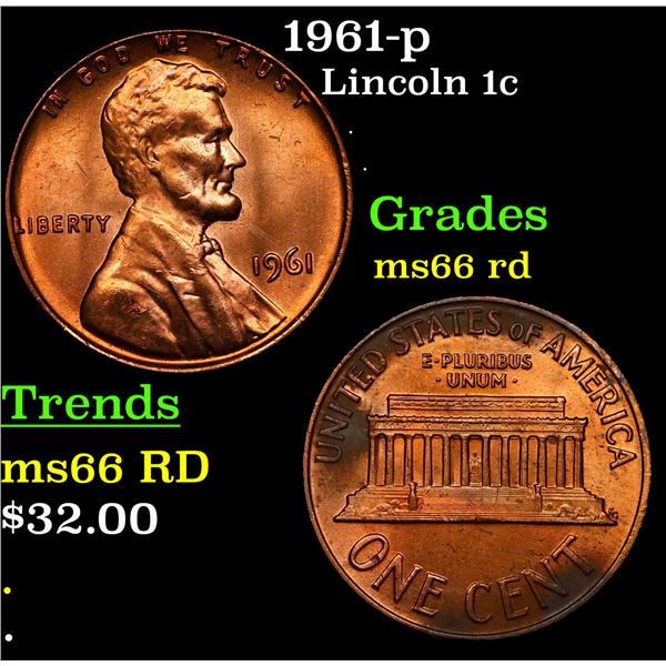 1961-p Lincoln Cent 1c Grades GEM+ Unc RD