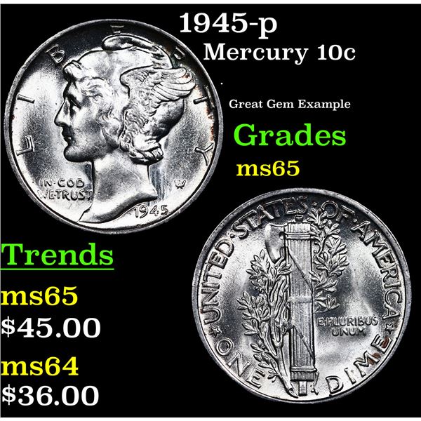 1945-p Mercury Dime 10c Grades GEM Unc